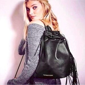 Victoria’s Secret Fringe Backpack with Drawstring Closure Black Faux Leather